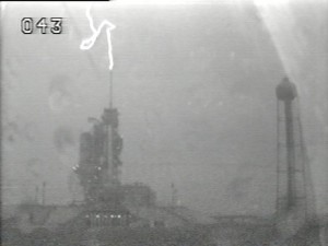 A lightning strike at Launch Pad 39A during Friday's thunderstorm. Image credit: NASA TV 