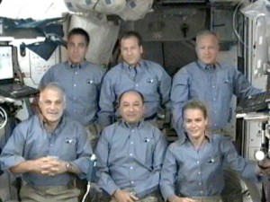 (From back left to bottom right) STS-127 astronauts Chris Cassidy, Tom Marshburn, Doug Hurley, Dave Wolf, Mark Polansky and Julie Payette answer questions during an interview with members of the media. Photo credit: NASA TV