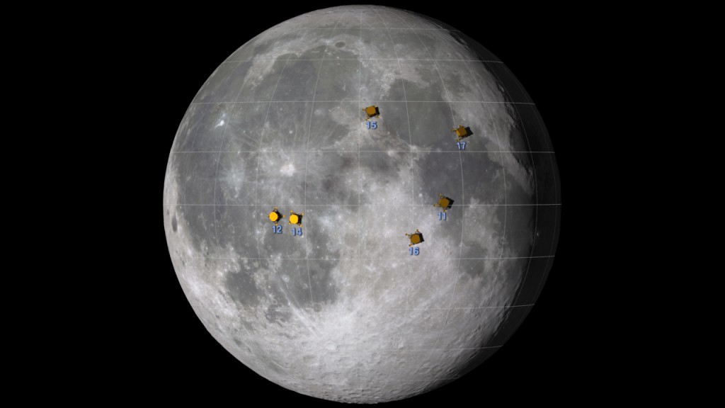 369230main_apollolandinglocator_full This graphic shows the approximate locations of the Apollo moon landing sites.