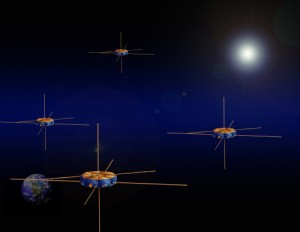 369469main_mms_boundary_HI The Magnetospheric Multiscale mission will use four identical spacecraft, variably spaced in Earth orbit, to make three-dimensional measurements of magnetospheric boundary regions and examine the process of magnetic reconnection. Credit: Southwest Research Institute