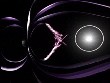369470main_mms_cme_burst_226 A burst of fast material from the Sun generates magnetic reconnection events in the Earth's magnetic field. Credit: NASA
