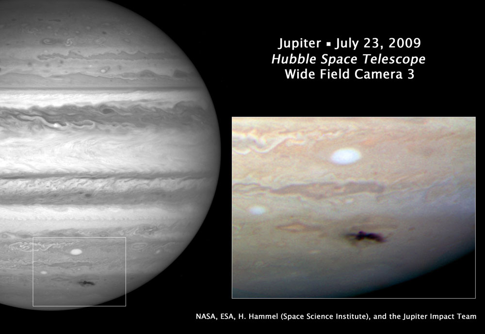 372829main_p0923ay This Hubble picture, taken on July 23, by the new Wide Field Camera 3, is the sharpest visible-light picture taken of the atmospheric debris from a comet or asteroid that collided with Jupiter on July 19. This is Hubble's first science observation following its repair and upgrade in May. The size of the impactor is estimated to be as large as several football fields. Image Credit: NASA, ESA, and H. Hammel (Space Science Institute, Boulder, Colo.), and the Jupiter Impact Team