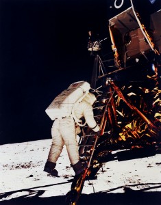 62288main_aldrin_ladder_ful Buzz Aldrin climbs down the Eagle's ladder to the surface. Credit: NASA