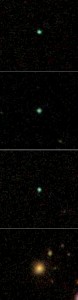6807-79212306 The Green Peas stuck out because of their small size and green color compared to the more common galaxies – such as the one on the bottom – that Galaxy Zoo users were used to seeing. (Photo: Carolin Cardamone and Sloan Digital Sky Survey.)