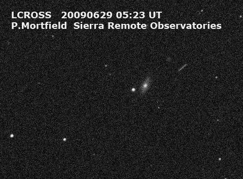 Paul-Mortfield1_strip LCROSS photographed on June 29, 2009, by Paul Mortfield using a remotely-operated 16-inch telescope. The spacecraft was about 480,000 km from Earth.