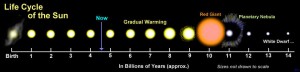 Sun_Life_EN The diagram shows (not to scale) the development of our Sun, from its formation around 4.6 billion years ago to the white dwarf stage. The final stage as a black dwarf is not shown, as it is still not known how long it takes for a white dwarf to cool down completely. Credit: Tablizer (CC-BY-SA 2.5).