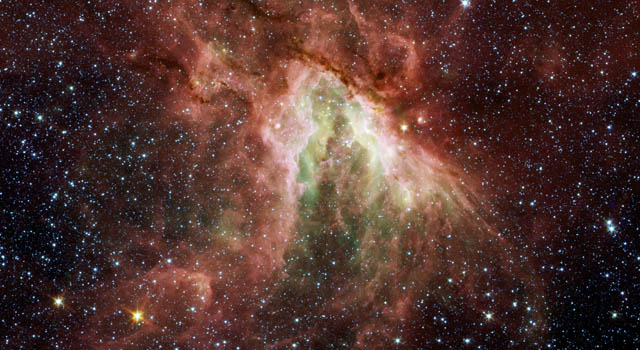 b-20081208-browse An infrared view of the choppy star-making cloud called M17, or the Swan nebula. Image credit: NASA/JPL-Caltech/Univ. of Wisc.