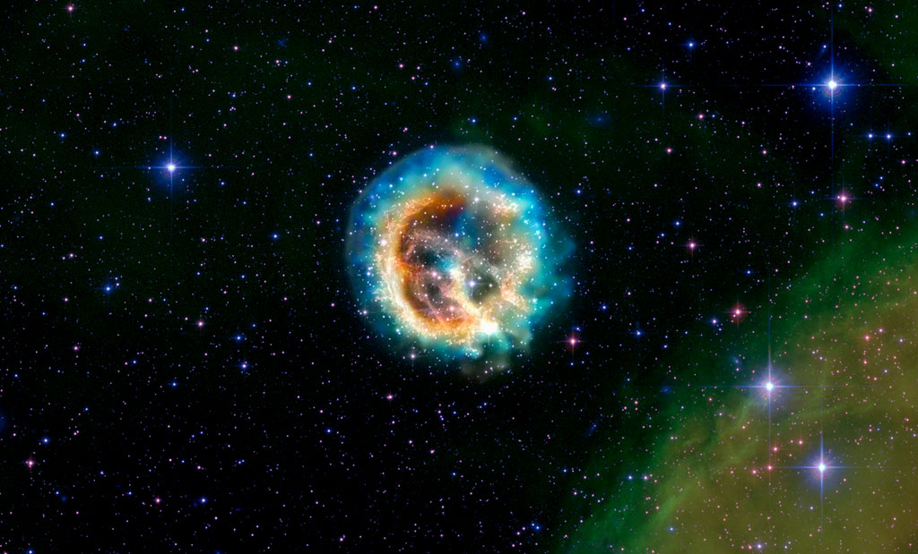 e0102 This image of the debris of an exploded star - known as supernova remnant 1E 0102.2-7219, or "E0102" for short - features data from NASA's Chandra X-ray Observatory. E0102 is located about 190,000 light years away in the Small Magellanic Cloud, one of the nearest galaxies to the Milky Way. It was created when a star that was much more massive than the Sun exploded, an event that would have been visible from the Southern Hemisphere of the Earth over 1000 years ago.