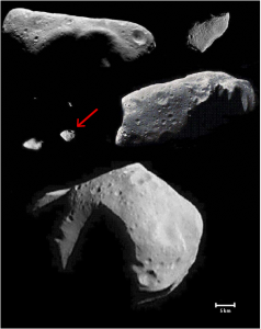 p7806_a2fa690331f41617f30924ebd93bc436asteroides Compared to other asteroids observed by flyby missions, Steins is very small at a little more than 5 km across. Credits: Lucy McFadden, University of Maryland.