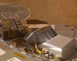 phx17067-browse This mosaic of images from the Surface Stereo Imager camera on NASA's Phoenix Mars Lander shows a portion of the spacecraft's deck after deliveries of several Martian soil samples to instruments on the deck. Image Credit: NASA/JPL