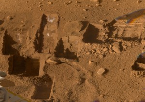 phx17072-browse Several of the trenches dug by NASA's Phoenix Mars Lander are displayed in this approximately true color mosaic of images from the lander's Surface Stereo Imager camera. Image Credit: NASA/JPL