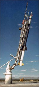 377624main_irve-blkbrant-226 A Black Brant 9 rocket similar to the one that will lift the Inflatable Re-entry Vehicle Experiment (IRVE) to an altitude of about 130 miles (209 km) above the Earth. Credit: NASA
