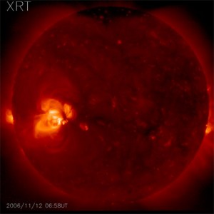 378874main_Nanoflares2_lg Two active regions appear as bright areas on this full-disk image of the sun, taken with the Hinode spacecraft's X-Ray Telescope. Credit: NASA