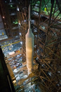 378878main_aresix-stack-904a In the Vehicle Assembly Building's High Bay 3, the launch abort system and crew module built by NASA Langley sit atop the Ares I-X launch vehicle. Credit: NASA/Dimitri Gerondidakis