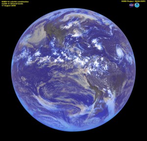 380770main_GOES14_firstir_color On August 17, 2009, at 1:31 p.m. EST, the latest NASA/NOAA geostationary weather satellite, called GOES-14, returned its first full-disk thermal infrared (IR) image, showing radiation with a wavelength of 10.7 micrometers emanating from Earth. Credit: NASA GOES Project, Dennis Chesters