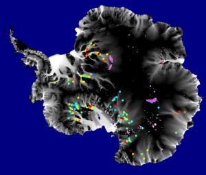 381237main_antarctica_20090825_full Dots represent the locations where scientists have identified 124 active lakes below the ice sheet in Antarctica. Warmer colors (orange and red) depict lakes with larger water volumes while cooler colors (green and blue) depict lakes with smaller volumes. Purple areas show the locations of previously known inactive lakes. Credit: Ben Smith, University of Washington