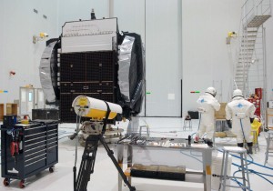 618_lg Optus D3 is topped off in the S5 satellite preparation facility’s S5A fueling and integration hall.