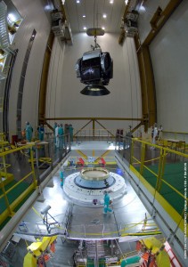 622_lg Optus D3 is ready for its installation atop Ariane 5’s core stage during integration activity in the upper level of the Spaceport’s launcher Final Assembly Building.