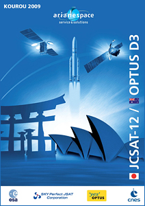 624 JCSAT-12 and Optus D3 are depicted on the cover art for this flight’s official launch kit. Also included are scenes that represent the Japanese and Australian customers to be served by the Arianespace mission.