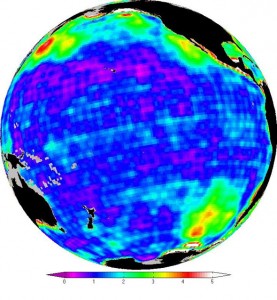 GRACE_OBpressure-590 This map shows changes in ocean bottom pressure measured by NASA's Gravity Recovery and Climate Experiment (Grace). Red shows where pressure varies by large amounts, blue where it changes very little.