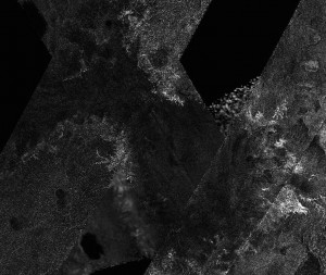 iau0915a This mosaic of image swaths from Cassini's Titan Radar Mapper, taken with the synthetic-aperture radar (SAR)