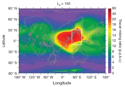 model_atm_methane_200d_410 It requires a methane lifetime of just 200 Earth days - and hence an as yet unidentified and more effective process to remove methane from the atmosphere - to obtain local enhancements and variations that match those reported in Mumma et al. 2009.