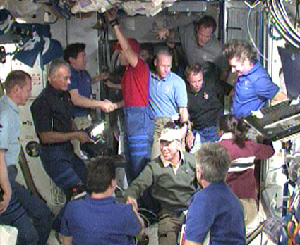 160328main_425x348 The Expedition 20 and STS-128 crews say goodbye before closing the hatches between the International Space Station and space shuttle Discovery. Credit: NASA TV