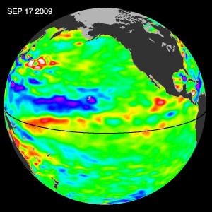 20090917P Pools of warm water known as Kelvin waves can be seen traveling eastward along the equator (black line) in this Sept. 17, 2009, image from the NASA/French Space Agency Ocean Surface Topography Mission/Jason-2 satellite. El Ninos form when trade winds in the equatorial western Pacific relax over a period of months, sending Kelvin waves eastward across the Pacific like a conveyor belt. Image credit: NASA/JPL