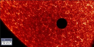 383137main_Venus_Transit NASA's TRACE satellite captured this image of Venus (black disk) crossing the face of the Sun in 2004 as seen from Earth orbit. Before that, the last event occurred in 1882. The next Venus transit will be visible in 2012. Credit: NASA