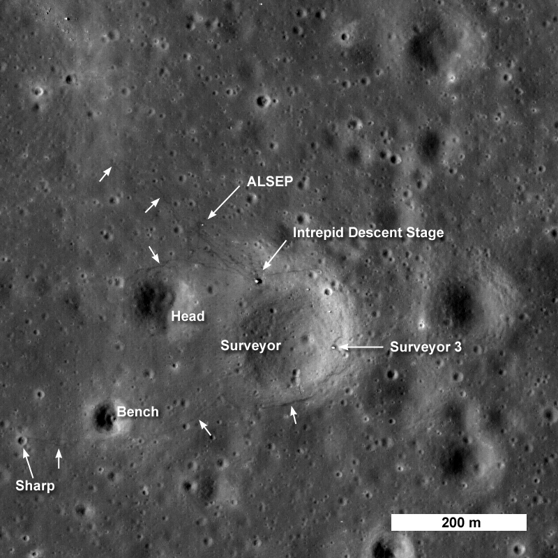 383351main_apollo12_label_full This image from LRO shows the spacecraft's first look at the Apollo 12 landing site. The Intrepid lunar module descent stage, experiment package (ALSEP) and Surveyor 3 spacecraft are all visible. Astronaut footpaths are marked with unlabeled arrows. This image is 824 meters (about 900 yards) wide. The top of the image faces North. Credit: NASA/Goddard Space Flight Center/Arizona State University