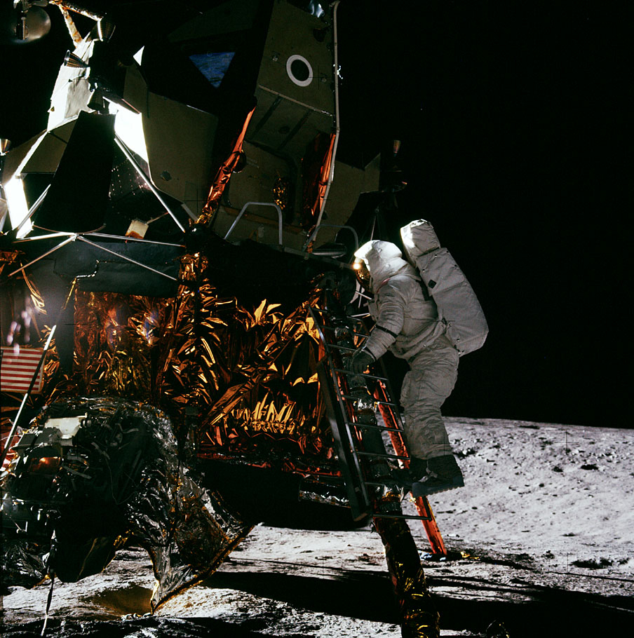 383408main_alanbean_full Astronaut Alan Bean descends Intrepid's ladder for Apollo 12's first moonwalk. Credit: NASA