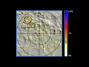 385726main_ARC-LCROSS-WEH-Part1 Image of south pole Potential Water Concentrations based on data from Lunar Prospector. The blues and purples indicate the highest potential of water ice. Credit: V. Eke, Durham University, L. Teodoro, University of Glasgow and ELORET/NASA Ames, R. Elphic, NASA/Ames.