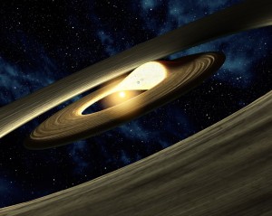 388605main_spitzer20090923-full This artist's conception shows a lump of material in a swirling, planet-forming disk. Image credit: NASA/JPL-Caltech