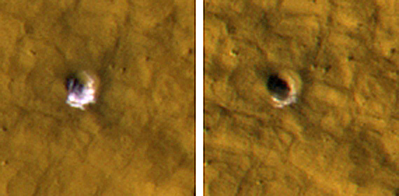 388654main_site2_fading MRO took these images of a fresh, 6-meter-wide (20-foot-wide) crater on Mars on Oct. 18, 2008, (left) and on Jan. 14, 2009. Credit: NASA/JPL-Caltech/University of Arizona