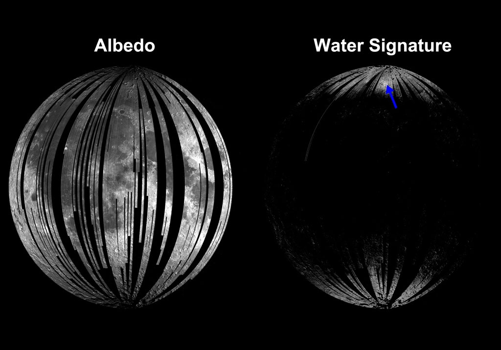 388700main_3-Albedo3umMineral2-full The image on the left shows albedo, or the sunlight reflected from the surface of the moon. The image on the right shows where infrared light is absorbed in the characteristic manner that indicates the presence of water and hydroxyl molecules. That image shows that signature most strongly at the cool, high latitudes near the poles. The blue arrow indicates Goldschmidt crater, a large feldspar-rich region with a higher water and hydroxyl signature. Image credit: ISRO/NASA/JPL-Caltech/Brown Univ.