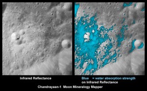 388710main_clark_figure_3blue-full The distribution of water (light blue) around a small young crater on the Moon. Credits: ISRO/NASA/JPL-Caltech/USGS/Brown Univ.