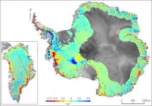 389002main_ICESatThinningLead_HiRes A web of satellite tracks, from NASA's Ice, Cloud, and land Elevation Satellite, reveal areas of dynamic thinning (red) in Antarctica and Greenland. Credit: British Antarctic Survey/NASA