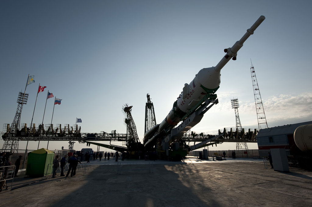 3962272436_a4840b12d3_b The Soyuz rocket is seen shortly after arrival to the launch pad Monday, Sept. 28, 2009. Photo Credit: (NASA/Bill Ingalls)