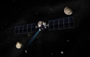 Dawn-mission Artist's concept of the Dawn spacecraft with Ceres and Vesta. Credit: JPL