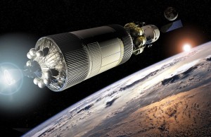 EDP_and_CEV_leaving_orbit Constellation Earth Departure Stage, docked to the Crew Exploration Vehicle, fires its engine to leave Earth's orbit in this artist's impression. Credit: NASA/John Frassanito