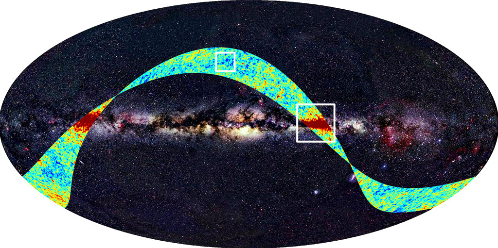 FIRST_LIGHT_SURVEY_skystrip_boxes_H horizontal band which is the light shining from our own Milky Way. The superimposed strip shows the area of the sky mapped by Planck during the First Light Survey. Credit: ESA