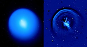 Holmes-from-CFH-telescope-copy (Left) Image of comet Holmes from the 3.6-meter Canada-France-Hawaii telescope on Mauna Kea showing the large expanding dust coma. On the right is shown the same image after application of the Laplacian spatial filter, to emphasize fine structures. The white/black circular objects are background stars enhanced by the Laplacian filter.