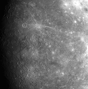 Mercury During its first flyby in January 2008, MESSENGER became the first spacecraft to see the side of Mercury shown in this image, which was taken by the Wide Angle Camera of the Mercury Dual Imaging System. Credit: NASA