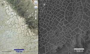 Mud-cracks-on-Earth-and-Mars Desiccation patterns on Earth (left) and Mars (right). Credit: Google/NASA/JPL