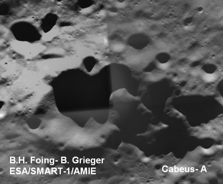 cabeus_a This image of LCROSS impact site Cabeus A was taken by the Advanced Moon Imaging Experiment (AMIE) on board ESA’s SMART-1 mission. The picture was taken from about 500 km, with small-field (about 50 km across) high resolution view (50 m/pixel). Image credit: B.Grieger, B.H. Foing & ESA/SMART-1/ AMIE team