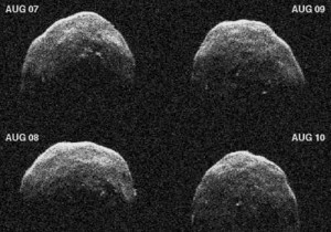 figure-2 Arecibo Observatory radar images of asteroid 1992 UY4, which has a diameter of 2 kilometers, made from four days' observation in August 2005. Credit: Lance Benner/Jet Propulsion Laboratory