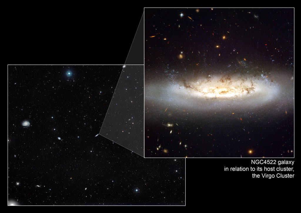 heic0911e This image shows NGC 4522 within the context of the Virgo Cluster. Credit: NASA, ESA and the Digitized Sky Survey 2. Acknowledgment: Davide De Martin (ESA/Hubble)