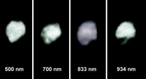 juno20090916-browse The asteroid Juno was photographed in 2003 with a special optics system on the Hooker telescope at the Mount Wilson Observatory. The researchers at the Harvard-Smithsonian Center for Astrophysics who took the picture used varying wavelengths of light as measured in nanometers, starting with cyan and going into the infrared. Image credit: Harvard-Smithsonian Center for Astrophysics