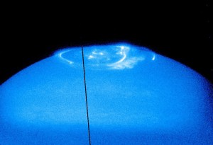 jupiter_blue_north Still from movie showing the northern auroral region of Jupiter. Actual duration of sequence ~30 minutes. The bulk of the aurora rotates with the planet. Credit: Grodent/Hubble Space Telescope Team.