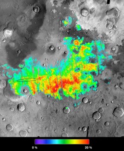 meridiani_hematite_orig Colors map percentages of hematite in the surface materials in Meridiani Planum on Mars from 0 percent (aqua) to 20 percent (red). Opportunity landed within the black oval. Credit: NASA